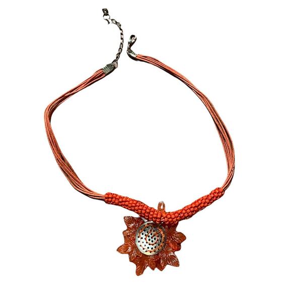 Red Plastic Flower Pendant Necklace Adjustable 20” Pendant Cotton Cord Chain - Picture 2 of 2